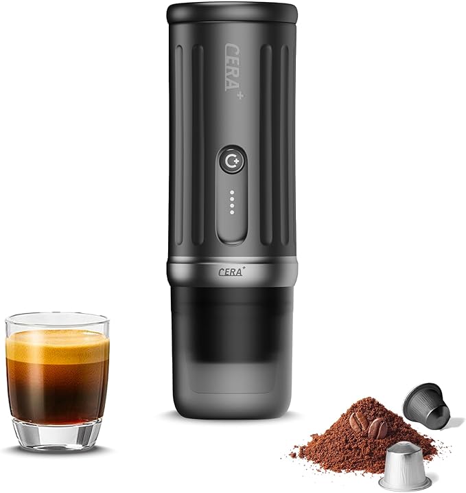 CERA+ PCM03S Portable Coffee Maker Electric Espresso Machine, Self-Heating 8 Cups per Charge & 20 Bar Small Coffee Maker for Travel & RV, Single Serve Coffee Maker Works with NS Capsules & Grounds