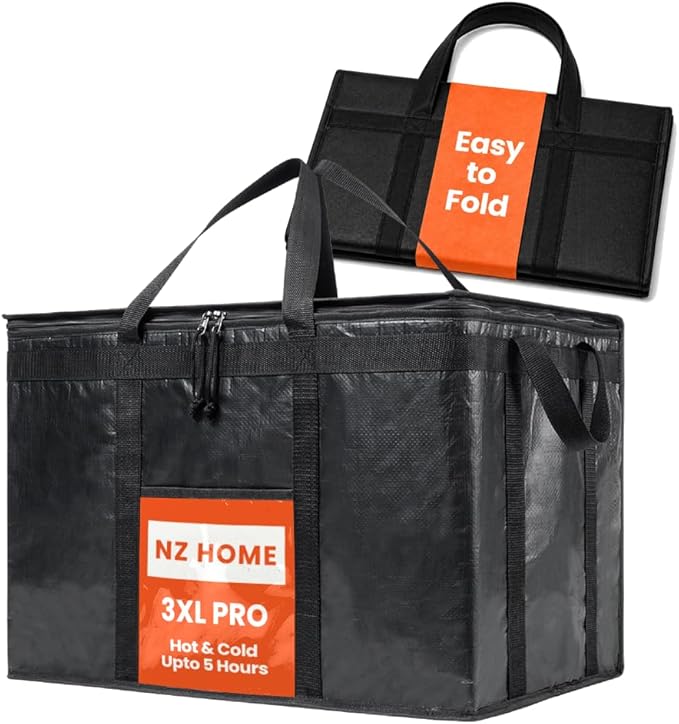 NZ home Insulated Bags for Food Delivery (3XL PRO) Grocery Shopping Cooler Bag, Pizza Delivery, Hot & Cold Catering Tote, Reusable, Foldable & Heavy Duty (Black)