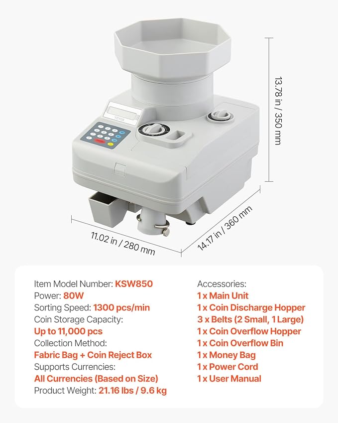 VEVOR High Speed Coin Counter, Professional Coin Sorter with Anti-Jam Tech, 1300 Coins/Min Counting Speed, 11000 Coins Hopper Capacity, Suitable for International Coins and Tokens