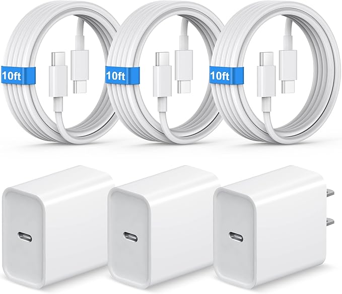 New iPhone 17 16 15 Charger 10FT Long Fast Charging Cord Type C Chagrer with 3 Pack USB C Wall Charger Block Compatible with iPhone 17/17 Plus/17 Pro Max/16/16 Plus/16 Pro Max/15 Pro Max/iPad Pro ﻿