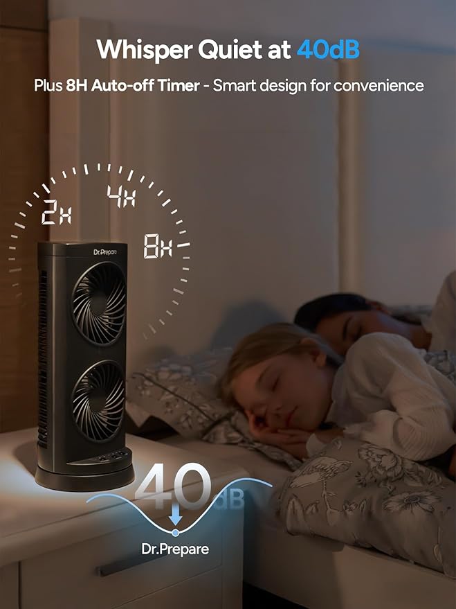 Dr. Prepare Tower Fan DC Oscillating Fan, Portable Desk Fan with 3-Speed Options, Dual Air Circulation, 110° Oscillation, 3 Timers, Personal Quiet Table Fan for Home Office Desktop Bedroom, 13 inch