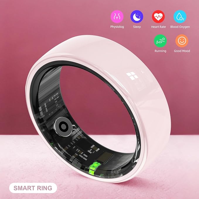 Ceramic Smart Ring, Advanced Health & Fitness Tracker with Heart Rate, Blood Oxygen, Sleep Monitoring, 5ATM Waterproof, Long-Lasting Battery, Remote Camera Control, for Android & iOS (Pink, 8)