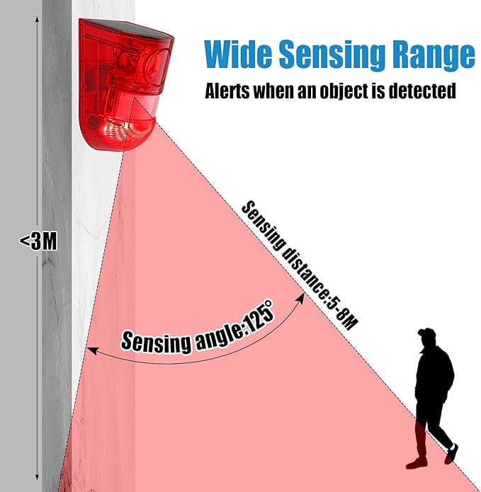 Qualirey Solar Sound and Light Alarm Motion Sensor 129db Outdoor Security Siren Waterproof Activated Detector Driveway Alarm 6 LEDs Flash Warning Deterrent Strobe System for Home, Farm(Red,2 Pack)