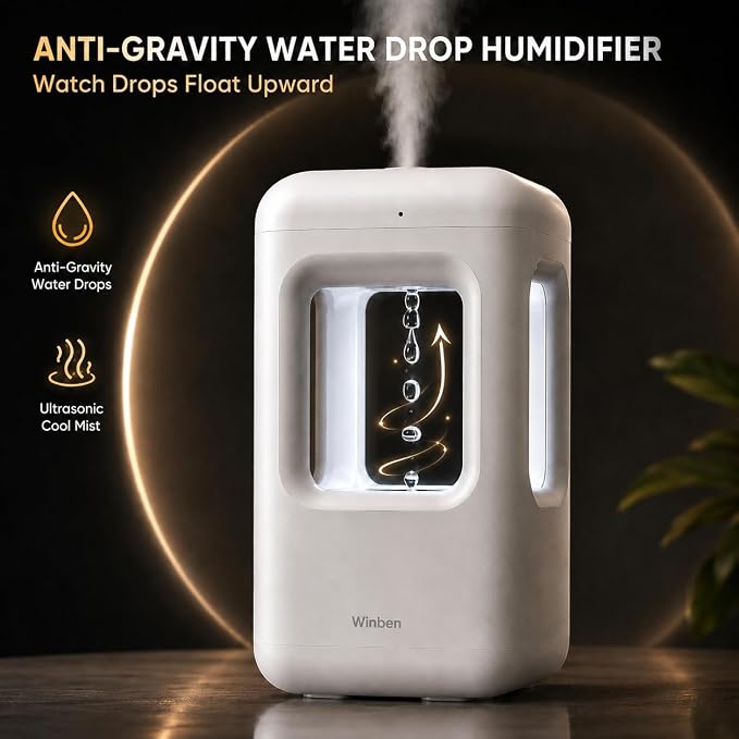 0.6L White Mini Humidifier with Anti-Gravity Water Drop Effect, Cool Mist Desktop Humidifier for Bedroom, Office Desk, Nightstand & Indoor Plants, 36dB Quiet, Night Light, Auto Shut-Off