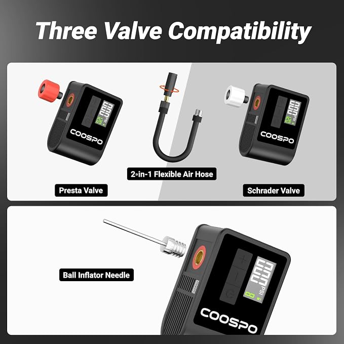CooSpo Mini Electric Bike Pump, Portable Tire Inflator Portable Air Compressor, Max 120 PSI, Auto Shut-Off Air Pump with Presta/Schrader Valves for All Bicycles, Ball, Car Accessories
