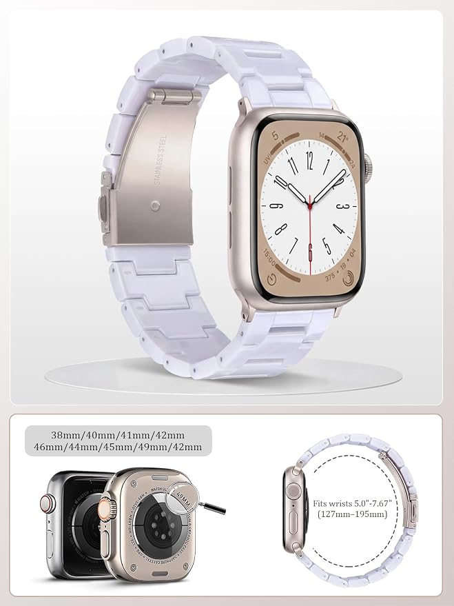 V-MORO Resin Band Compatible with Apple Watch Bands Series 11/10/9/8/7 41/42/40/38mm iWatch 6/5/4/3/2/1/SE with Starlight Buckle Fashion Wristband Strap Women Men(Pure White,42mm/41mm/40mm/38mm)