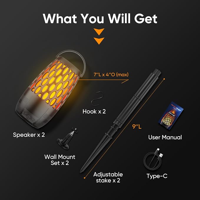 Outdoor Speakers, Portable Wireless Speaker with Flame Lights, Multi-Sync up to 100 Speakers Auto-Pairing HD Stereo Sound Waterproof, Hook for Patio Yard Porch, Gifts for Men Women