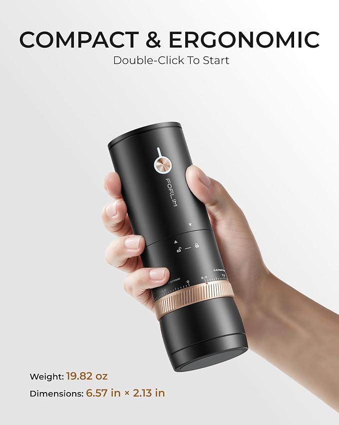 FORLIM Portable Electric Coffee Grinder, Cordless Rechargeable Coffee Bean Grinder with 80 Scale Precise Grinding Settings, Double-Click Start, 10-Blade Burr Coffee Grinders, Clog‑Protection
