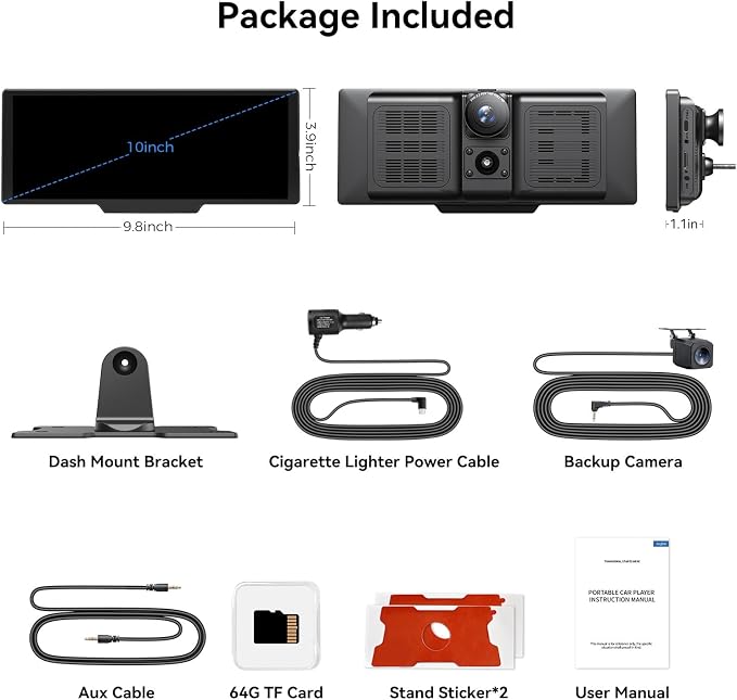 Portable Apple Carplay Screen for Car, 10" Wireless Car Play Touchscreen with 4K Dash Cam, 1080P Backup Camera, Carplay&Android Auto, Loop Recording, GPS Navigation, Bluetooth