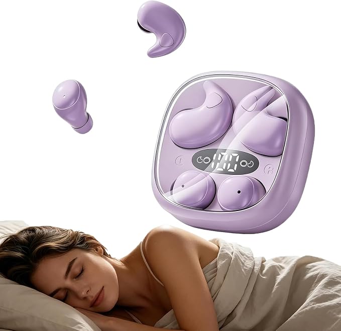 Flat Sleep Earbuds for Side Sleepers, Invisible Mini Earbuds for Small Ear Canals, Bluetooth 5.4, 66H Battery, Noise Blocking, Waterproof, LED Display for Sleep, Work & Travel（Purple）