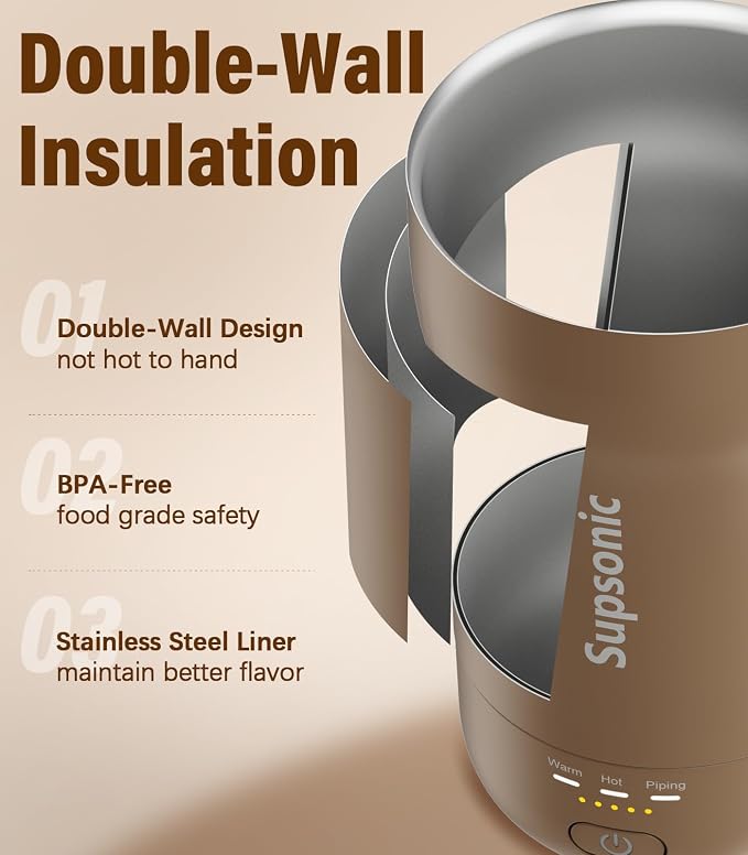 Supsonic - 14oz Heated Coffee Mug, Self-Heating Travel Mug with 3-Temp Settings, Insulated Stainless Steel Constant Temperature Heating Mug for Beverage, Smart Heating Portable Coffee Mug | S1