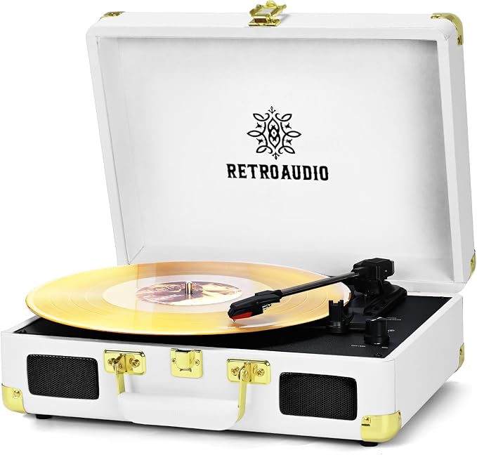 Vinyl Record Player 3-Speed Bluetooth Portable Suitcase Belt-Driven Record Player with 2 Built-in Stereo Speakers Vinyl Vintage Turntable Phonograph Records Player with RCA Line Out, AUX Out (White)