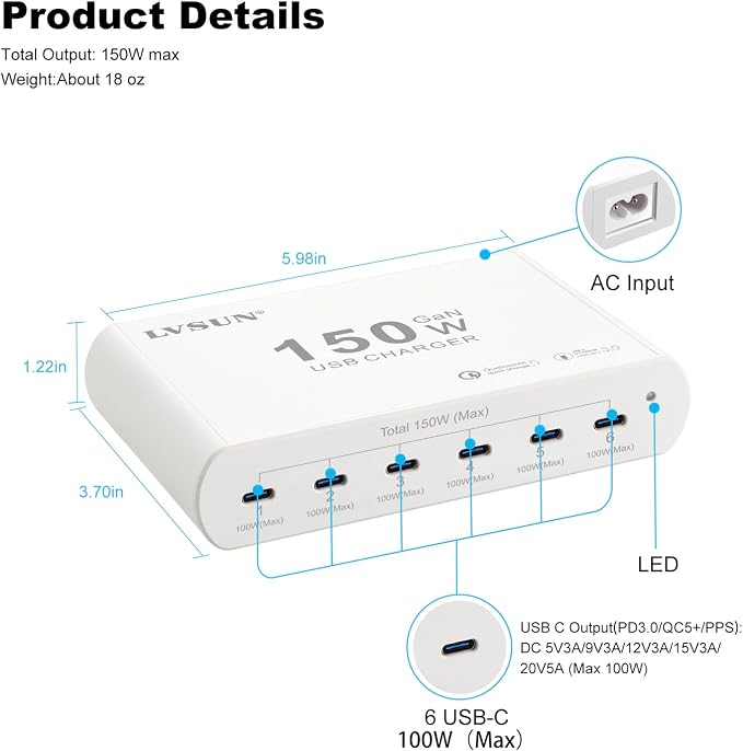 150W Charging Station for Multiple Devices, 6 Port PPS 100W USB C Charger, Multi-Device Organizer Fast Charging Dock for MacBook Pro, iPhone 17/16/15, Laptop, Tablet, iPad Pro and More, White