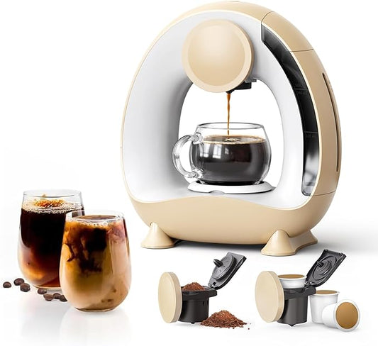 Pod and Grounds Single-Serve Coffee Maker, 2 in 1 One Cup Coffee Machine Compatible with K-Cup Pod & Coffee Grounds/Tea, Compact Design, 4-8oz, Champagne Color