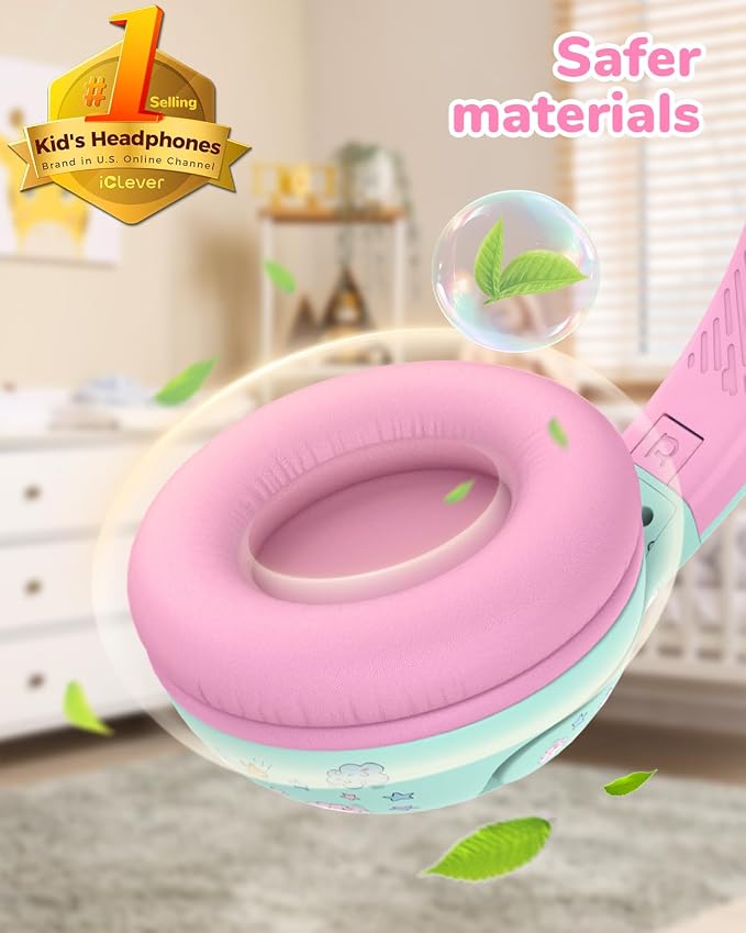 iClever BTH27 Toddler Headphones for 2+ Year Old-CPC Certified, 75/80dBA Safe Volume Limited, 74H Playtime, Bluetooth 5.4, BPA Free, Kids Bluetooth Headphones Aux Cord for Travel iPad, Green/Pink