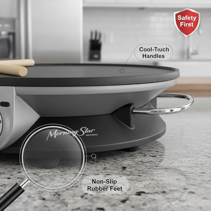 Morning Star 13" Electric Crepe Maker, Nonstick Pancake Griddle, Adjustable Temperature Control with LED Indicator Lights, Includes Spatula & Batter Spreader, Quick Cleanup, Stainless Steel