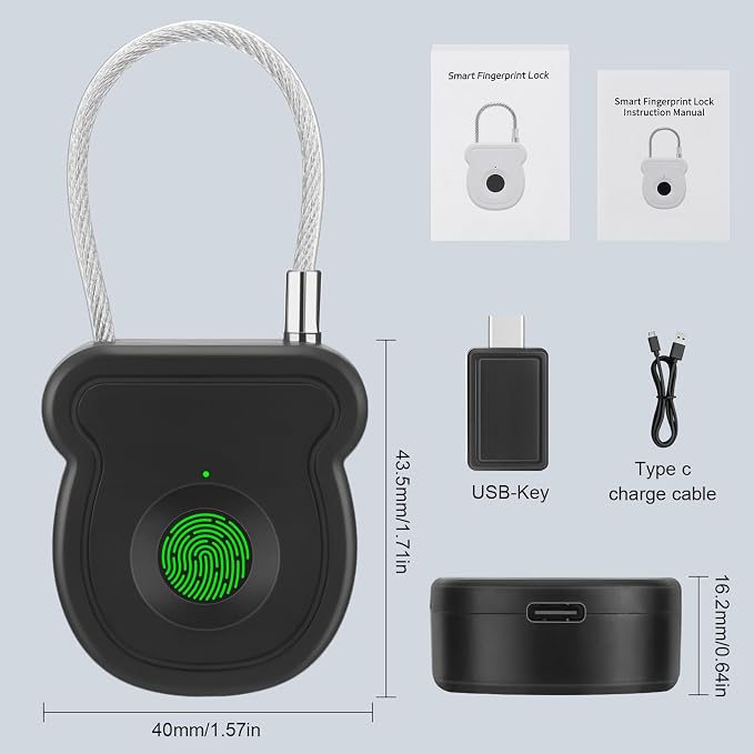 Fingerprint Padlock Lock with Key Backup, Biometric Metal Keyless Thumbprint Combination Lock, Waterproof, USB Rechargeable, for Gym Locker, School Locker, Luggage, Backpack, Suitcase
