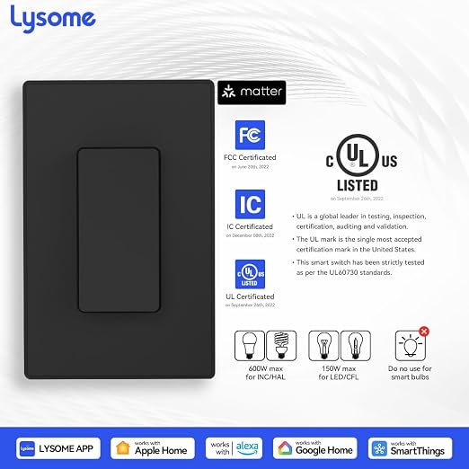 Matter Smart Light Switch, Voice Control Smart Wall Switches Compatible with Alexa & Google Assistant, Timer Schedule, Neutral Wire Required, Single Pole, 2.4GHz Wi-Fi, Black, 1 Pack