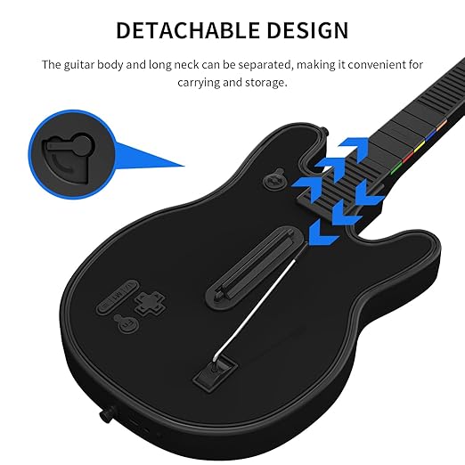JJDWIN Wireless Guitar Hero Controller for PS4/PS3/PC with RGB Light, Rock Band & Clone Hero Games, Fortnite Festival with Strap & Wireless Dongle,Black