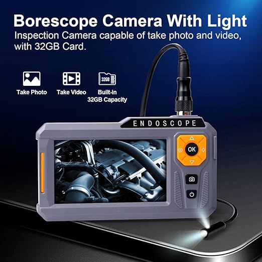 Dual Lens Endoscope Camera with Light, 5‘’ IPS Screen Borescope Inspection Camera with 32GB Card, Photo/Video Recording Snake Camera, Waterproof Semi-Rigid Cable for Automotive Plumbing Drain Wall | 5-Inch Dual Lens Endoscope Camera suitable for mechan...