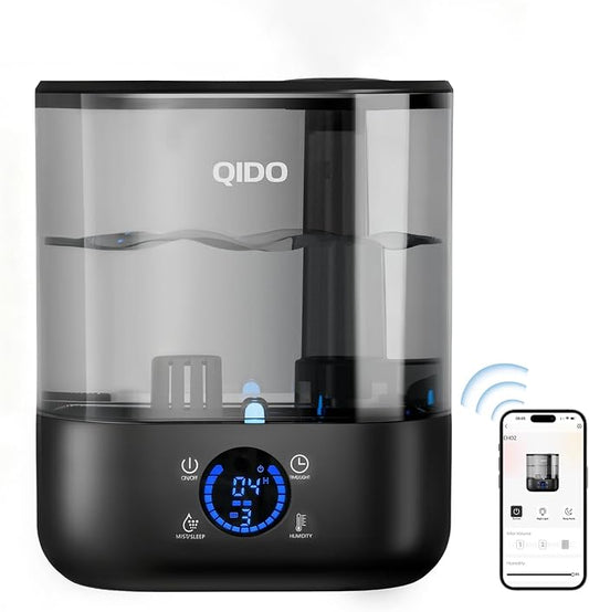 QIDO Top Fill Humidifiers for Bedroom, 5 L Cool Mist 36H Super Long Time, Quiet 28dB Essential Oil Diffuser for Baby & Plants, 3 adjustable Mist with Touch/APP/7-color Nightlight, Black
