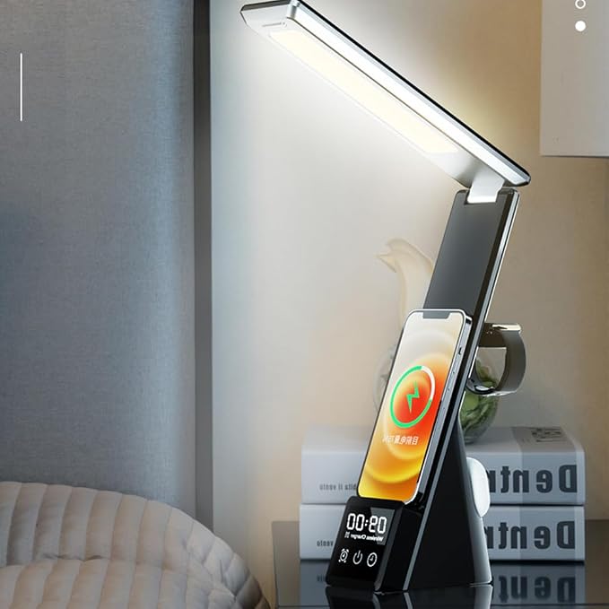 IHAO 6in1 Multifunctional Foldable LED Desk Lamp with Wireless Charger Digital Alarm Clock Eye-Care Lighting 3 Color Modes 15W Qi Charger for Phone/Headphones, Apple Watch Compatible-Black