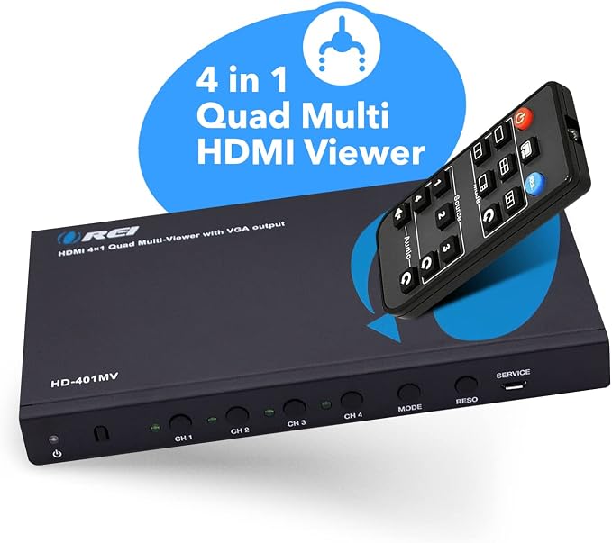 Quad Multi Viewer 4 in 1 Out by OREI HDMI Switcher 4 Ports Seamless Switcher and IR Remote Support 1080P for PS4/PC/DVD/Security Camera, HDMI Switch VGA Output - HD-401MV