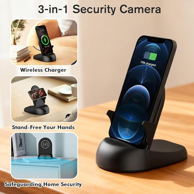 Security Camera WiFi Wireless Phone Charger, Security Cam Motion Activated,HD1080P(Rotate Lens) with 250°Viewing Angle, camaras espias ocultas for Home Office Security(2.4/5G)