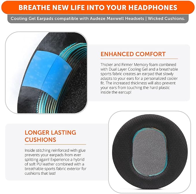 WC Freeze Maxwell - Cooling Gel Replacement Earpads for Audeze Maxwell Headphones by Wicked Cushions - Elevate Comfort, Durability, Thickness & Sound Isolation | The Simulation