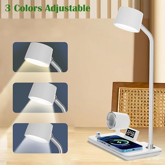IHAO Smart LED Desk Lamp with Wireless Charger & Bluetooth Speaker, 15W Fast Charging Station for Phone & Earbuds Touch Control 3 Light Modes Alarm Clock Adjustable Eye-CareTable Lamp-HYT1772 White