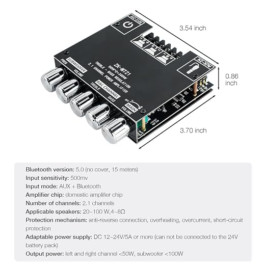 ZK-MT21 2.1 Channel Bluetooth Audio Power Amplifier Board 50W×2+100W with Treble and Bass Control for DIY Bluetooth Speaker Home Theater