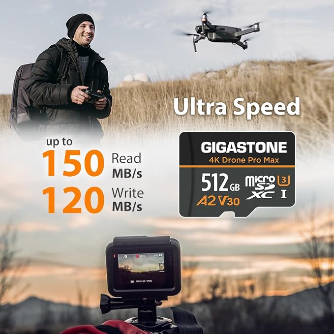 【5-Years Data Recovery】【Designed for Drone】 GIGASTONE 512GB Micro SD Card, 4K Drone Pro Max, A2 V30 for DJI Drone, 4K UHD Video Recording, R/W up to 150/120 MB/s, UHS-I U3 C10 Class 10 with Adapter
