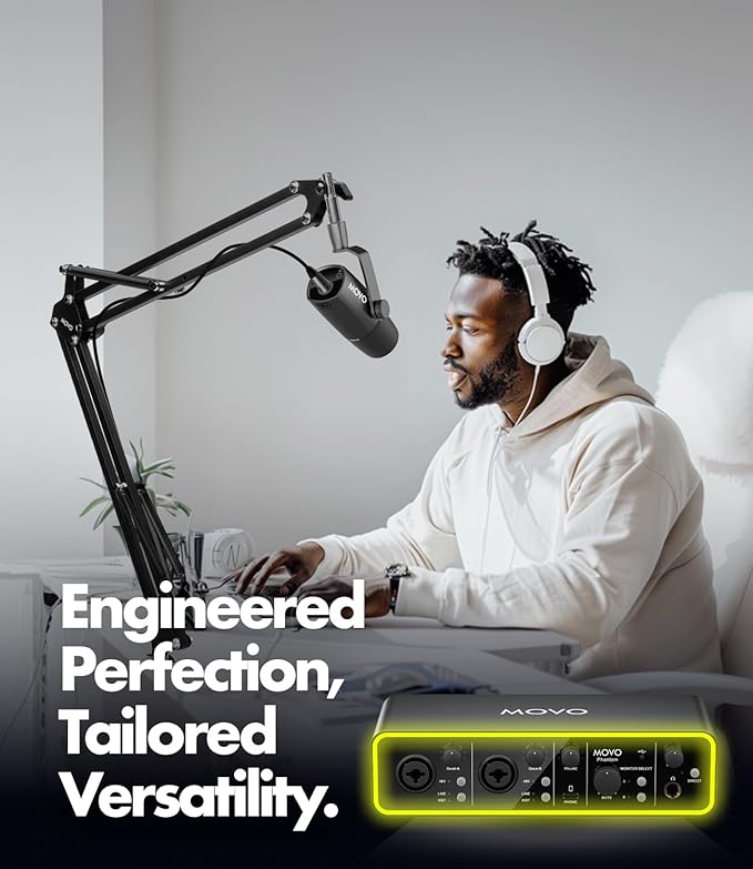 Movo Podcast Equipment Bundle - Phantom USB Audio Interface, 2 UM6 XLR/USB-C Dynamic Microphones, and 2 Boom Arms - Professional Dual Microphone Setup for Podcasting and Streaming
