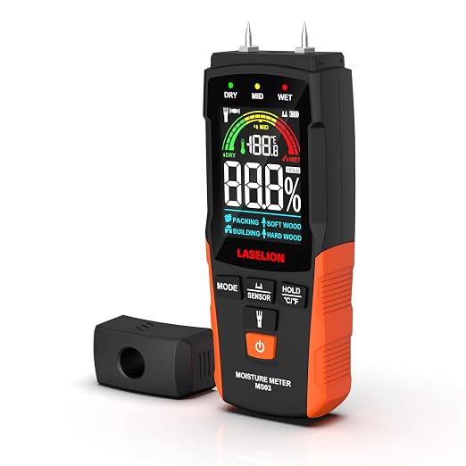 LASELION 2-in-1 Pin & Pinless Moisture Meter MS03 – Accurate Moisture Detection for Wood, Concrete, Drywall, and More – LCD Display with Hold Function, Flashlight, and Auto Power Off
