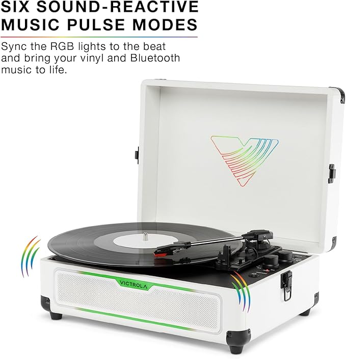 Victrola Journey Glow – Illuminated Suitcase Record Player – 18 RGB Light Effects, Stereo Speakers with Enhanced Bass, Bluetooth Streaming, (White)