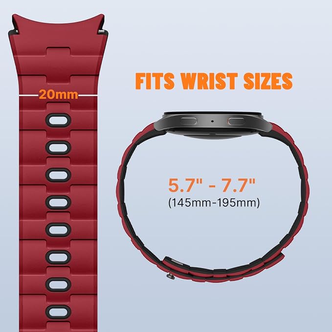 Bandletic 20mm No Gap Breathable Magnetic Silicone Band for Men Compatible with Samsung Galaxy Watch 7 6 5 4 FE 40mm 44mm/for Galaxy Watch 6 4 Classic 43mm 47mm 42mm 46mm/Watch 5 Pro 45mm, Red/Black