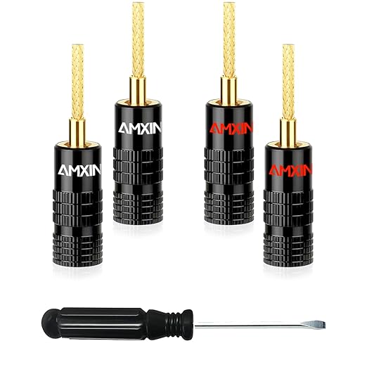 Banana Plug Connectors (2 Pairs, 4 Pieces), Flex Pin Closed Screw, 24K Gold Plated Speaker Banana Plugs for Spring-Loaded Jack Terminals, Support 12 AWG to 18 AWG Wires