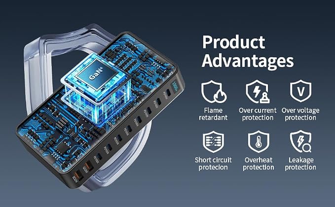 Famous Tech Shop 1000W GaN 10-Port USB-C Charging Station with 240W Cable, Fast Desktop Charger for Laptops, Tablets, Phones, Gaming Consoles