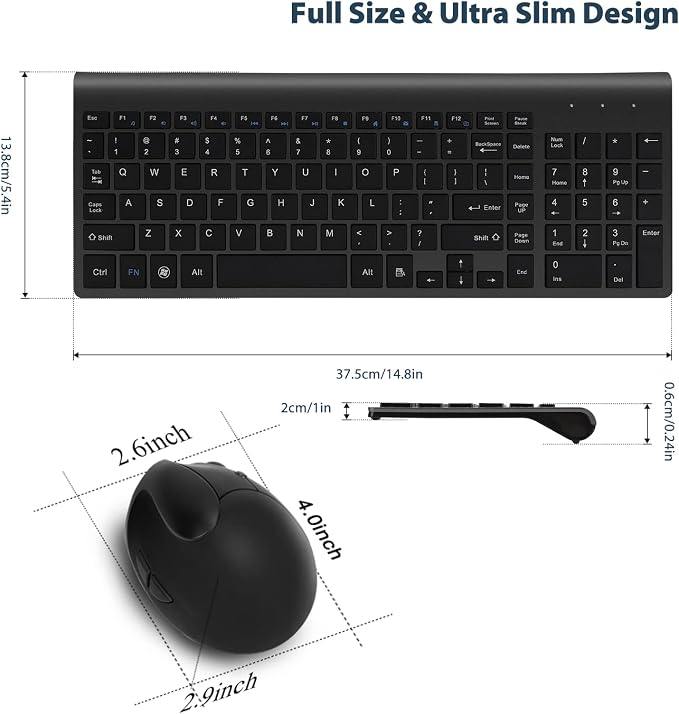 Fonicer 2.4GHz Wireless Vertical Ergonomic Mouse and Keyboard Combo Ultra-Thin Portable Size for PC Desktop Computer Laptop Mac For Students or Small Hands