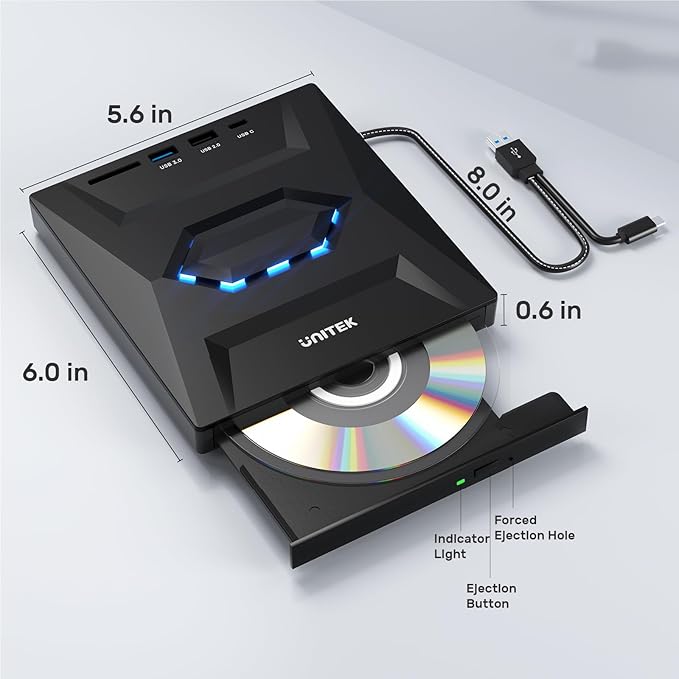 Unitek External CD DVD Drive, USB 3.0 Type-C Portable CD/DVD +/-RW Drive/DVD Player with SD Card Reader USB 3.0 USB C Hub CD ROM Burner Compatible for Laptop Desktop PC Mac Windows 11/10/8/7 Linux