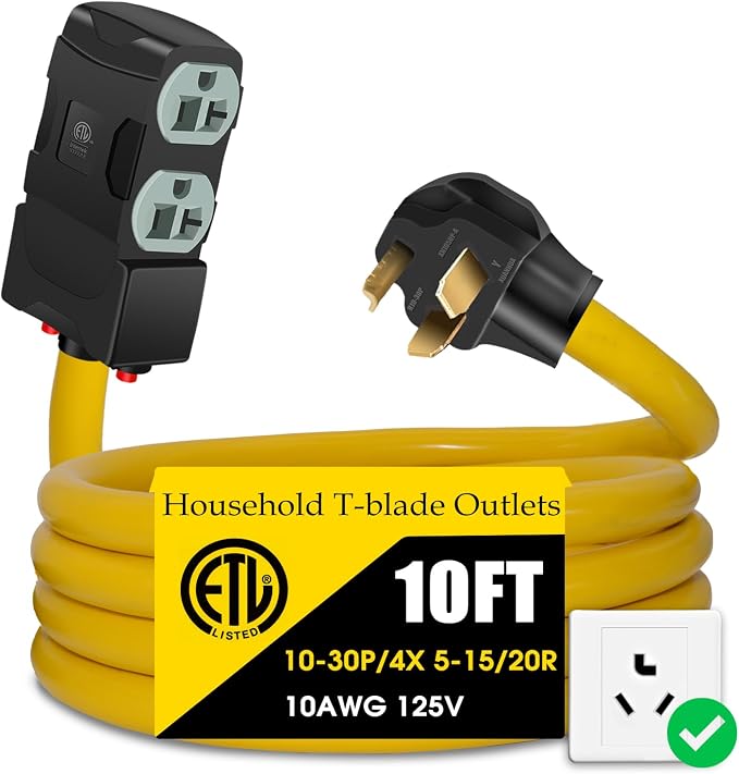 30Amp to 20Amp 110V Adapter, Compatible with NEMA 10-30P to 4X 5-20R/15R with 20 Amp Circuit Breaker, 240V to 120V Dryer Power Distribution Adapter (10 FT)