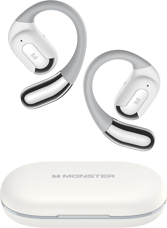 Monster AC317 Open Ear Headphones, Wireless Stereo Sound, Bluetooth 5.4 Technology, 24H Playback Battery, Crystal Clear Calls, Type-C Charging, Touch Control, Sweat Resistant Earbuds, Gray White