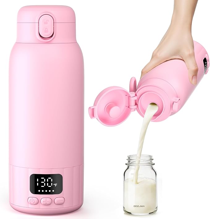 Portable Bottle Warmer for Travel, Fast Heating Milk Warmer On The Go, 17 OZ Water Warmer for Milk, Formula, Water, Temp Control 98°F -131°F, Baby Essentials for Outdoor Airplane Car Journey, Pink