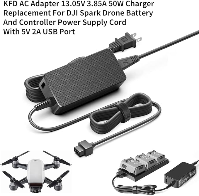 KFD AC Adapter 13.05V 3.85A 50W Charger Replacement for DJI Spark Drone Battery and Controller Power Supply Cord with 5V 2A USB Port