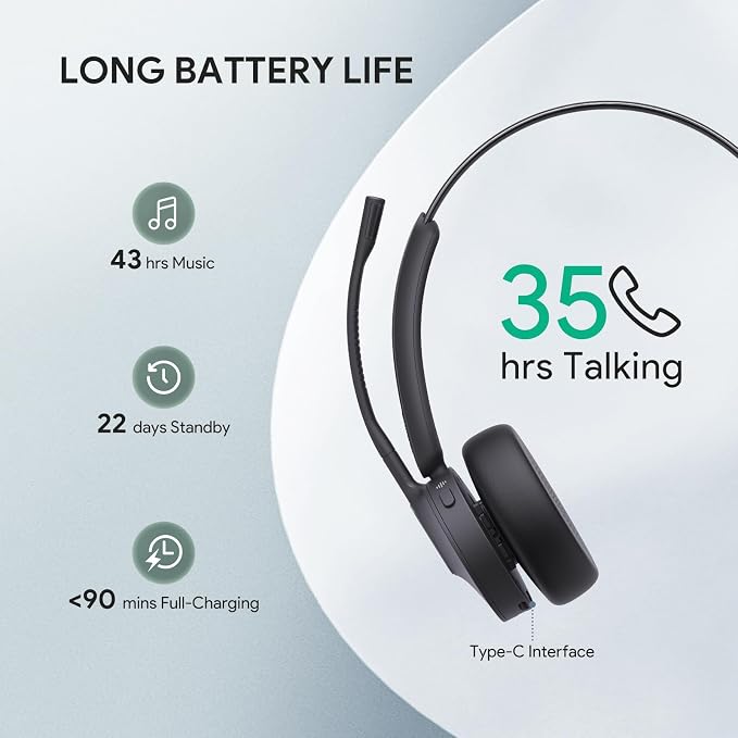 Yealink BH70 Mono Wireless Headset with AI Microphone Sound Isolation for WFH Open Office Worker, 35h Talking, Native Bluetooth Certified via Microsoft Teams, Compatible with Cisco Zoom Google, USB-A