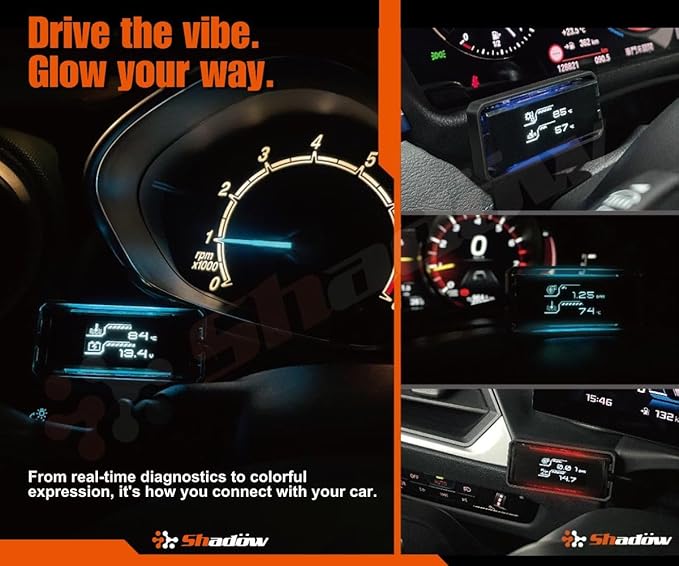 Shadow OBD2 Display D-Meter 2 Plus - Minimalist & Futuristic Multi-Functional Gauge with RGB Accent Light, Sleek Black Frame, DTC Scan & Clear, High-Tech Design for 12V/48V Cars