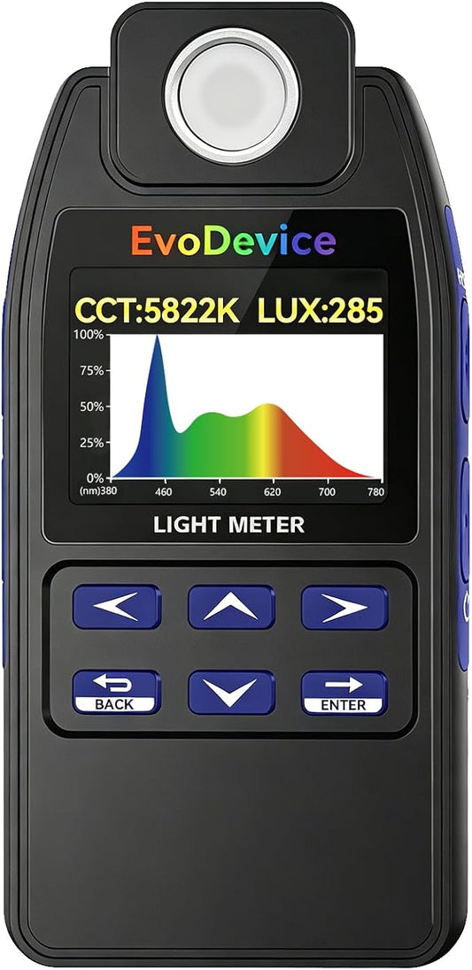 E130 Light Meter – Accurate Lux & Color Temperature (CCT) for Any Light Source, 99-Point Light Mapping, Hold Freeze, Spectrum Mode Accurate for 420/450nm White LEDs