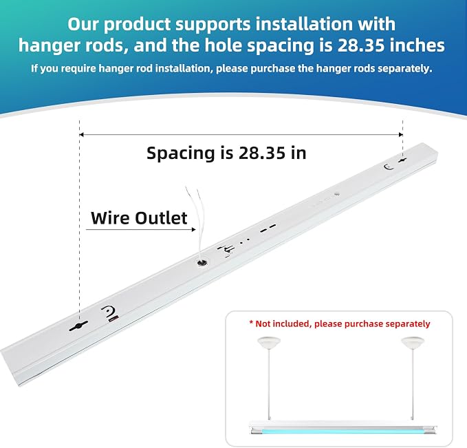 30W UV Sanitizer Light, Powerful UVC Lamp with Steel Suspension Wires, UV Sanitiztion Linear Light for Large Spaces-School, Factory, Hospital, Ozone-Free UVC Linear Batten 253.7nm, T8 G13 35.43 in