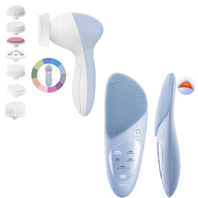 COSLUS 7in1 Facial Cleansing Brush + Silicone Face Scrubber, 4 Cleansing Modes, Moisturizing