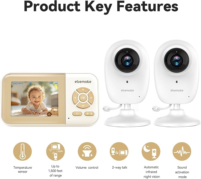 ebemate WiFi Video Baby Monitor with 2 Camera,2.8" Display with 1500Ft Long Range,WiFi On/Off,1080P No Glow Night Vision,2-Way Talk Baby Cam Monitoring